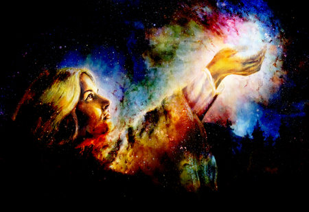 beautiful woman with hands holding light, computer graphic from painting. Cosmic Space background.