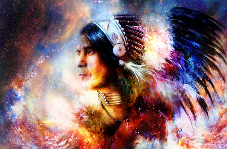 Beautiful young indian warrior in cosmic space. Painting collage.の写真素材