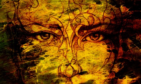 Mystic man face and ornament. pencil drawing on old paper.の写真素材