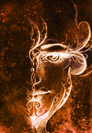 Mystic woman with ornament on face. pencil drawing on old paper. Color effect.の写真素材