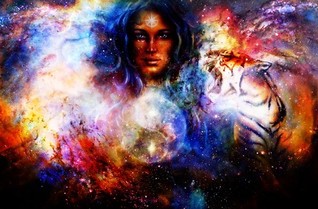 goddess woman and animals and symbol Yin Yang in cosmic space.の写真素材