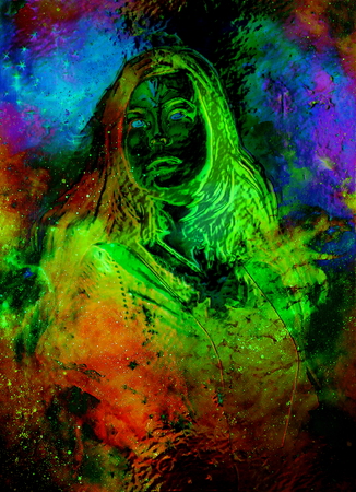 Goddess Woman in Cosmic space. Cosmic Space background. Glass effect.の写真素材