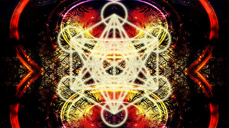 Light merkaba on abstract color background. Sacred geometry.の写真素材