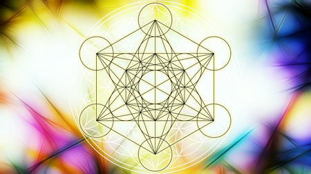Light merkaba and Flower of life on abstract color background and fractal structure. Sacred geometry.の写真素材