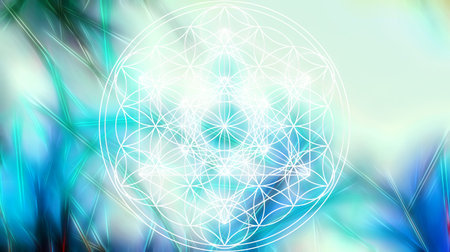 Light merkaba and Flower of life on abstract color background and fractal structure. Sacred geometry.の写真素材