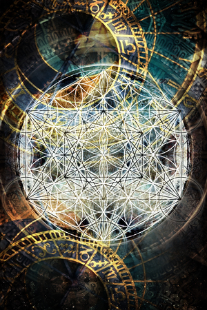 Light merkaba and flower of life and zodiac in cosmic space. Sacred geometry.の写真素材