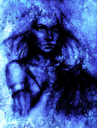 Goddess woman and abstract background.. Painting and graphic design. Winter effect.の写真素材
