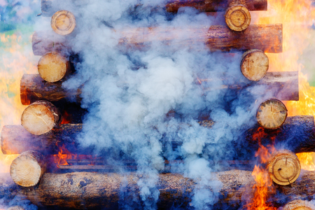 burning bonfire made of logs with flames and smoke.の写真素材