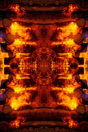 abstract graphic collage with detail of burning bonfire and logs.の写真素材