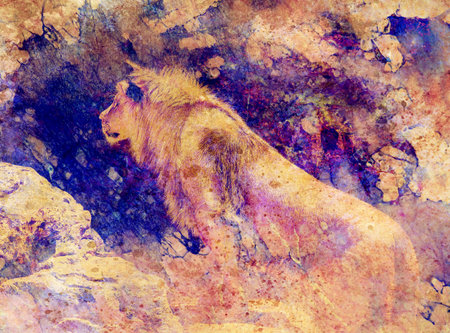 Lion face and graphic effect. Computer collage. Marble effect.の写真素材