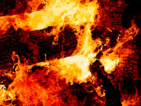 fascinating graphic detail of burning fire consuming wooden logs.