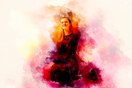 beautiful woman with long blonde hair in a historical clothing and art background.の写真素材