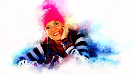 Beautiful woman and winter landscape. Front portrait. Art effect.の写真素材