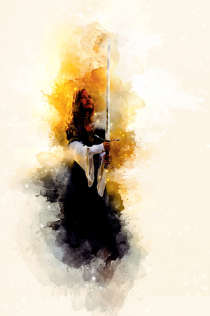 beautiful woman with sword in a historical clothing and Softly blurred watercolor background.の写真素材