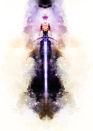 Medieval sword in woman hand and Softly blurred watercolor background.の写真素材