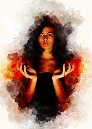 Beautiful mysterious girl and Softly blurred watercolor background.の写真素材