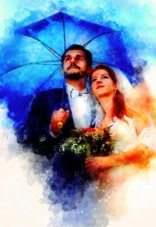 Bride and groom with blue umbrella, softly blurred watercolor background.の写真素材