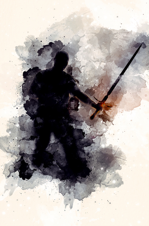 shadow warior with sword and Softly blurred watercolor background.の写真素材