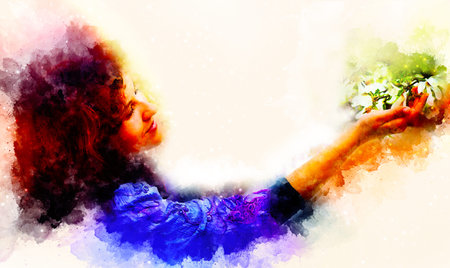 Young poetic woman with flower and softly blurred watercolor background.の写真素材