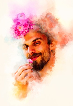Smiling man with flower in hand and softly blurred watercolor background.の写真素材
