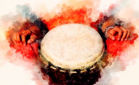 lady drummer with her djembe drum and softly blurred watercolor background.の写真素材