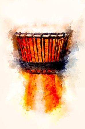 Original african djembe drum with leather lamina and softly blurred watercolor background.の写真素材
