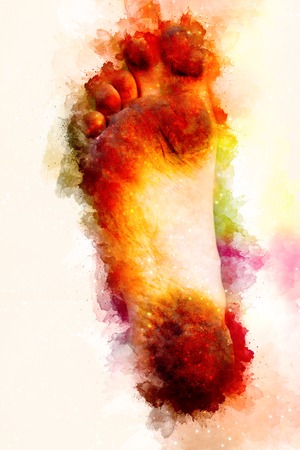 dirty foot man and softly blurred watercolor background.の写真素材