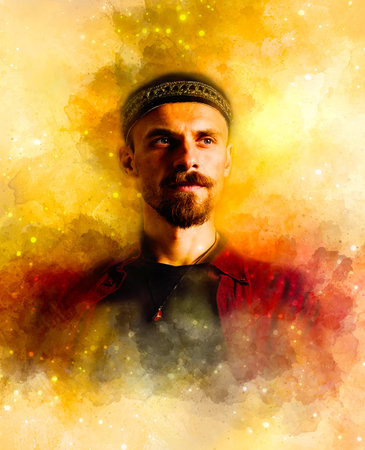A portrait of a young handsome man, central asia style tubeteika cap and softly blurred watercolor...