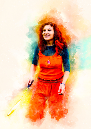 woman playing badminton and softly blurred watercolor background.の写真素材