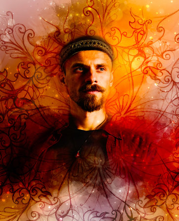 A portrait of a young handsome man, central asia style tubeteika cap and softly blurred watercolor...