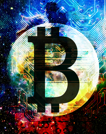 Bitcoin cryptocurrency concept, graphic collage in cosmic space.の写真素材