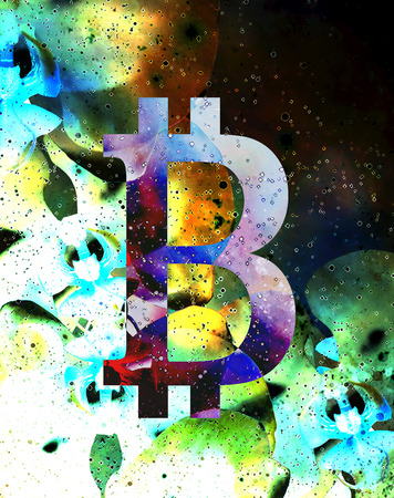 Bitcoin cryptocurrency concept, graphic collage and flower.の写真素材