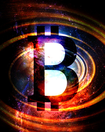 Bitcoin cryptocurrency concept, graphic collage in cosmic space.の写真素材