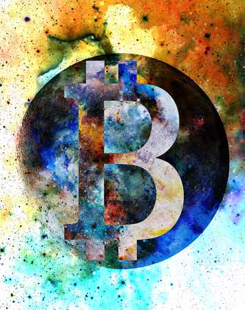 Bitcoin cryptocurrency concept, graphic collage in cosmic space.の写真素材