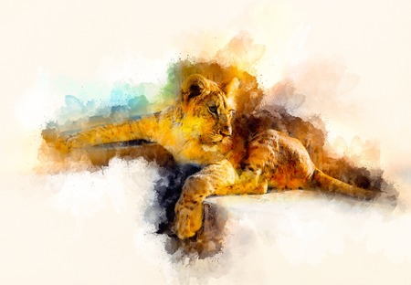 cute lion and graphivc effect. Softly blurred watercolor background.の写真素材