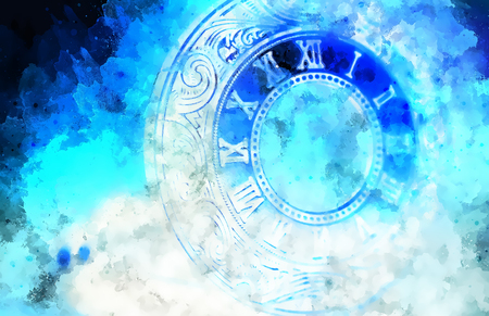 Vintage pocket watch and softly blurred watercolor background.の写真素材