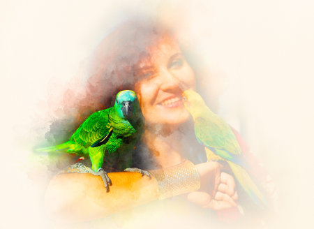 Young woman with color parrots and softly blurred watercolor background.の写真素材