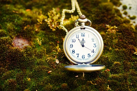 retro style gold pocket watch on bemoosed rock.の写真素材