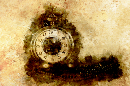 Vintage pocket watch and softly blurred watercolor background.の写真素材