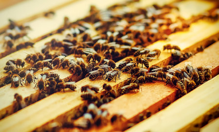 Bee honeycombs with honey and bees. Apiculture. Gentle graphic effect.