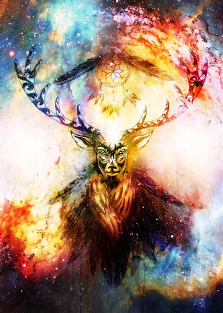 sacred ornamental deer spirit with dream catcher symbol and feathers in cosmic space.の写真素材