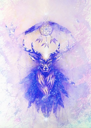 sacred ornamental deer spirit with dream catcher symbol and feathers. Marble effect.の写真素材