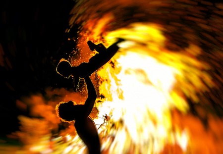 silhouette of father and child playing together, graphic collage background.の写真素材