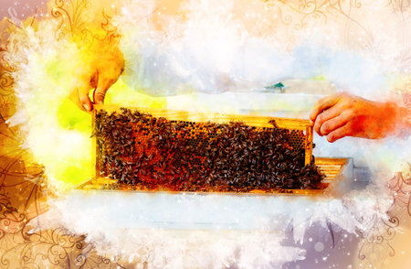 Beekeeper manipulating with honeycomb full of golden honey on softly blurred watercolor background.