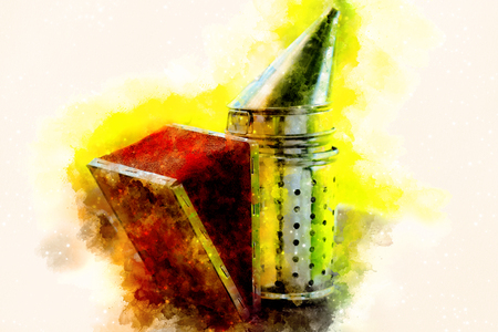 Smoke beekeeper for processing bees by smoke and softly blurred watercolor background.の写真素材