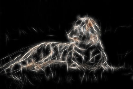 lying tiger in fractaled structure on black background.の写真素材