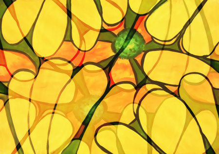 Abstract composition with petal pattern in warm ocre tones.