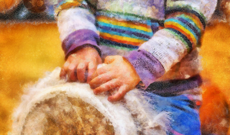 child playing a djembe drum with natural goat fur. Computer painting effect.の写真素材