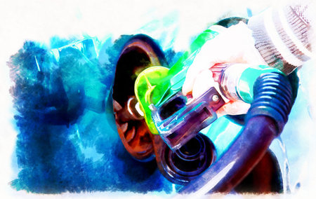 man pumping gasoline fuel in car at gas station. transportation concept. Computer painting effect.