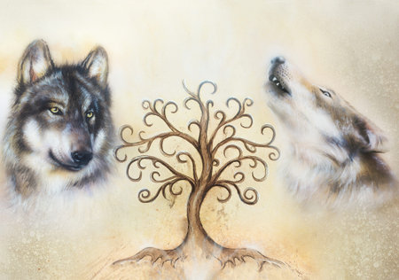 two wolves and tree of life symbol.